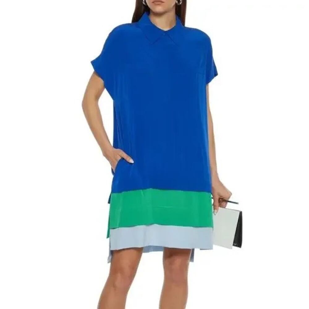 DVF Diane von Furstenberg M/L Hatsu Tiered Colorblock Silk Crepe Shirt Dress